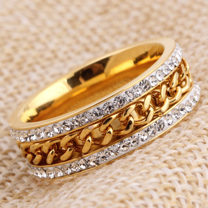 Anillo de Cadena Trenzada Dorada de 7mm con Doble Hilera de Diamantes Engastados, Joyería de Moda Unisex, Regalo - Product Image 2