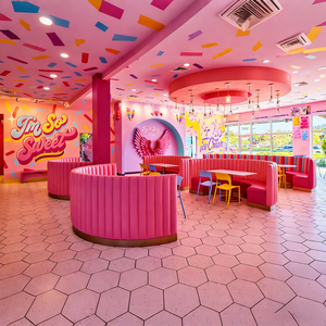 Airy Luxe Bakery & Coffee Market Stall Featuring Glass Display Case, Open Tiered Shelving, and Integrated Warm Lighting - Product Image 3