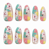 Faux ongles à presser en amande, base transparente, imprimé floral coloré, brillants, motif fleurs d'été, pour femmes, Nail Art