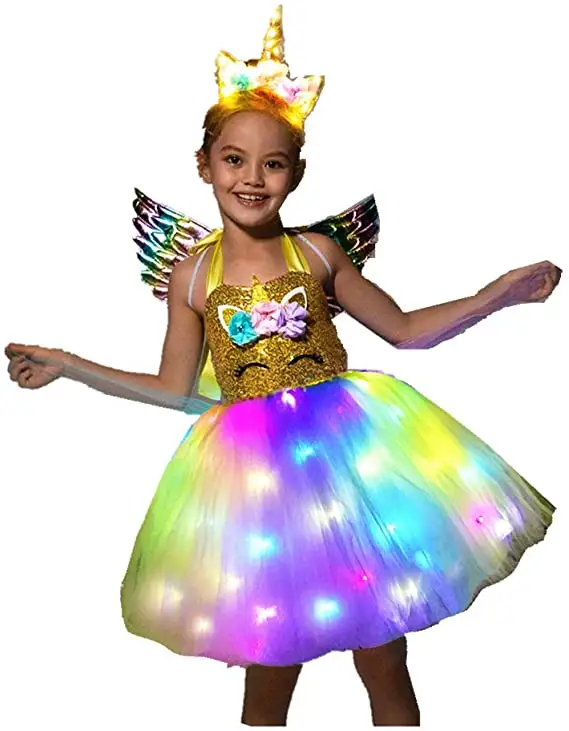 Girls Unicorn Dress LED Light Up Christmas Costumes Gold Sequin Top For Birthday Party Halloween Cosplay Gift