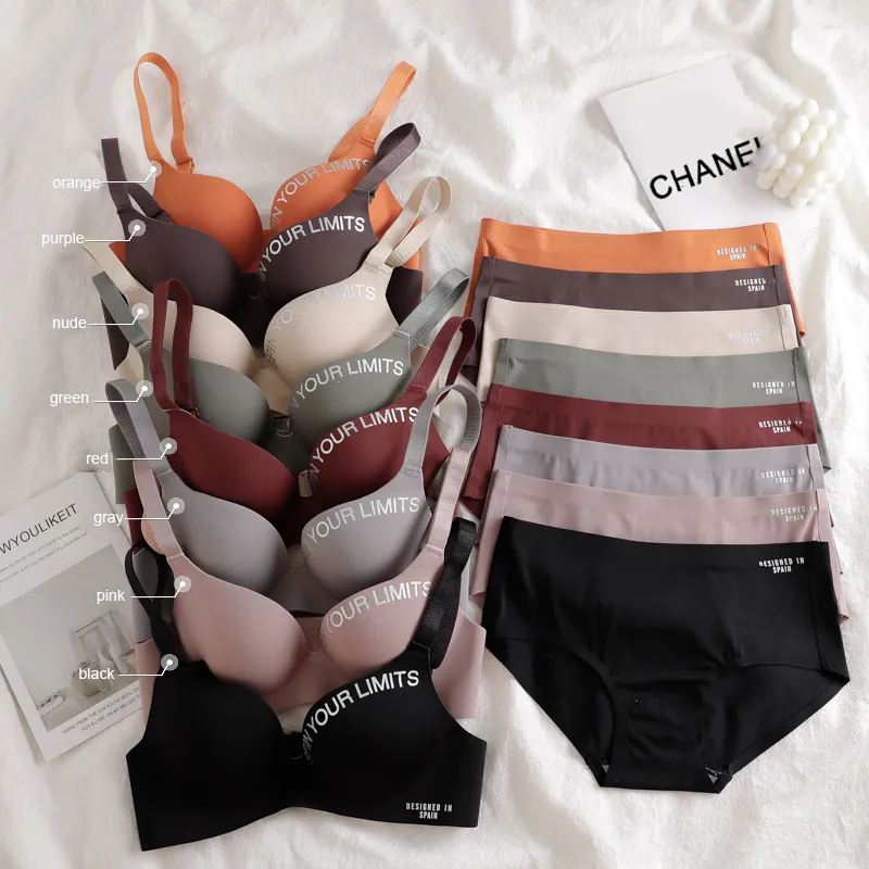 Custom Logo Young Girl 32 A B Small Cup Women Letter Brand Seamless Gather Panty wireless Bras Brief Sets Push Up Panties Bra