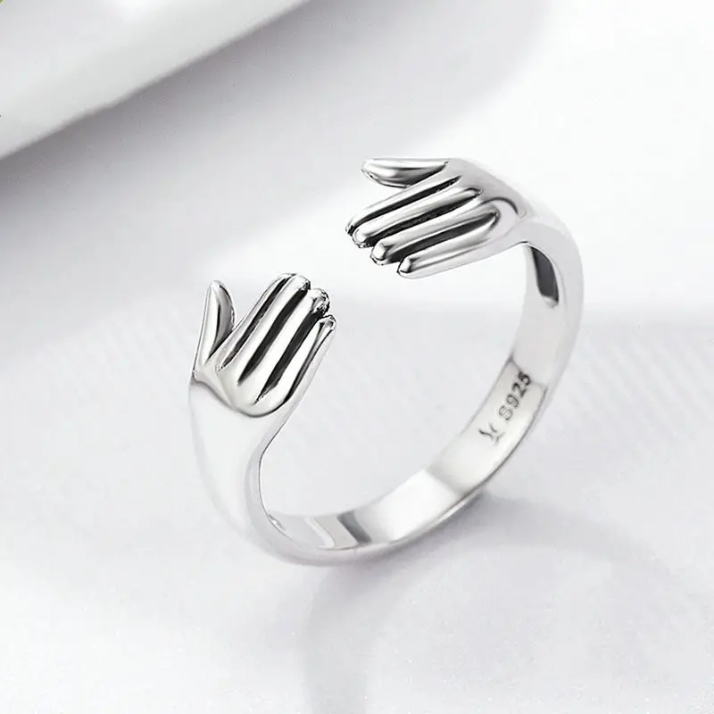 New Adjustable 925 Sterling Silver Hands Hug Ring for Women