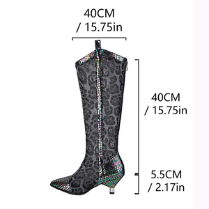 Women Summer Mesh Knee High <b>Boots</b> Dress Leopard Patchwork Shoes Low Spike Heels Side Zipper V-shaped Top Long <b>Boots</b> - Product Image 6