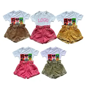 RD Ready To Ship Children Candy Color Jeans Hot Selling Short Sleeve Shorts Set Girls Clothing Macaron Color Jeans Wholesale