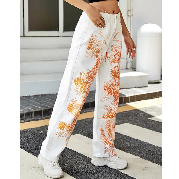 Factory Customized White Pants Dragon Print Jeans High Waist Straight Trousers Loose Jeans Women