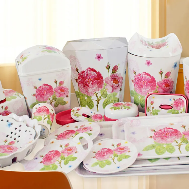 Factory Wholesales Flower Peony Printed Patterns Plates With Holes Fruits Melamine Dishes   Plates