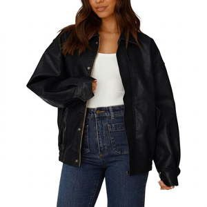 Women's Black PU Leather Bomber Jacket Full Sleeve <b>Zipper</b> Closure Turn-down Collar Autumn Style - Product Image 1