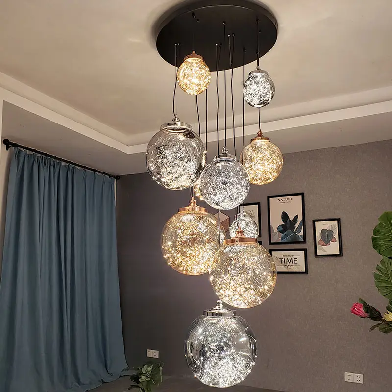 Contemporary nordic hotel lobby decoration staircase blown glass bubble globe led chandelier light for villa