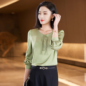 Atasan Wanita lengan panjang, kasual, Atasan Wanita renda Perancis, leher polos, dicelup, kemeja pola Solid untuk kantor, musim semi, ekspor lintas batas - Product Image 1
