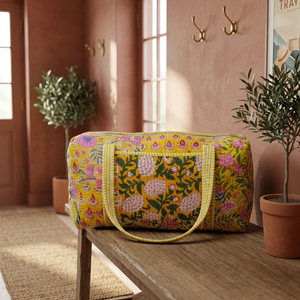 Yellow Large Quilted Weekender Duffel <b>Bags</b> Cotton Block Printed <b>Overnight</b> <b>Bag</b> Grocery Shopping Travel Handmade Zipper Women - Product Image 1