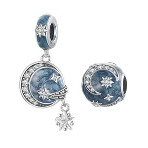 925 Sterling Silver Blue Starry Sky Series Shiny CZ Charms Moon Star Beads Fit Original Bracelet DIY Bangle Jewelry Making