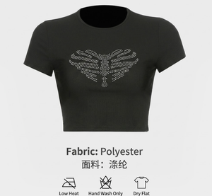 Top Corto Estampado con Corazón de Esqueleto y Pedrería para Mujer, Estilo Y2K Grunge, Ajustado, de Punto Acanalado, Manga Corta, Transpirable, Gótico Punk con Gráficos - Product Image 3