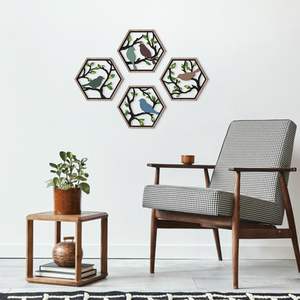 นกไม้ติดผนังศิลปะกิ่งไม้เบิร์ช4ชิ้นงานศิลปะตัดด้วยเลเซอร์สีเขียวแบบโบโฮทันสมัย - Product Image 6