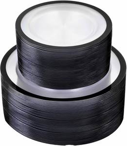 จานพลาสติกสีดำขาวขอบหยักแบบใช้แล้วทิ้งสำหรับงานจัดเลี้ยงงานแต่งงานและงานอีเว้นท์ จำนวน 100 ชิ้น ขายส่งจำนวนมาก คุณภาพแข็งแรง - Product Image 1