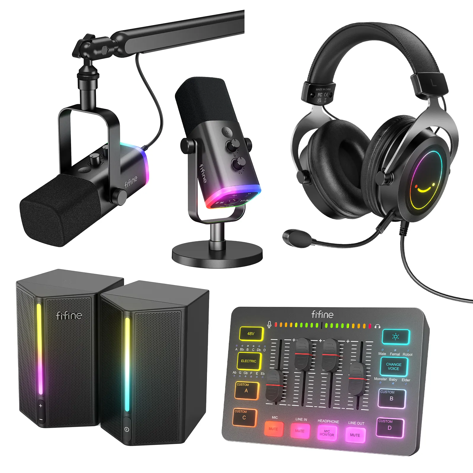 Fifine KSH3 Podcast Equipment Estúdio Gravação Microfone Live Stream SoundCard RGB Speaker Audio Mixer SoundCard