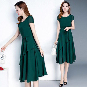 Summer Korean Style Solid Color A-line Dress Women Mid Length O Neck Patchwork Casual Daily Wear - Product Image 3