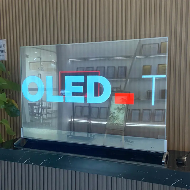 55 Inch Self Lit See Thru Glass OLED Transparent Display with Android 14 4K Resolution Touch Screen for Retail Store Wayfinding