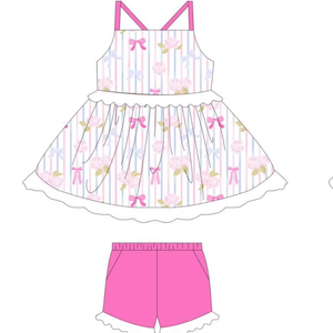 GSSO3302 RTS Ensemble de vêtements pour petite fille active, imprimé fleurs roses et pois, manches courtes, vente en gros pour enfants - Product Image 1