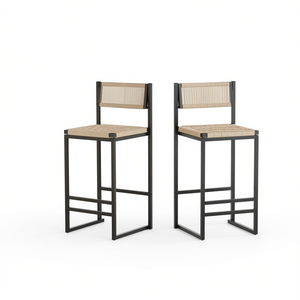 Tabourets de bar Db Kitchen, ensemble de 2, en corde tressée, hauteur de comptoir, noir, style farmhouse, structure métallique - Product Image 1