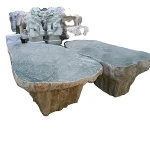 绿色花岗岩花园桌定制设计花园户外天然石材岩石桌椅带长凳出售
