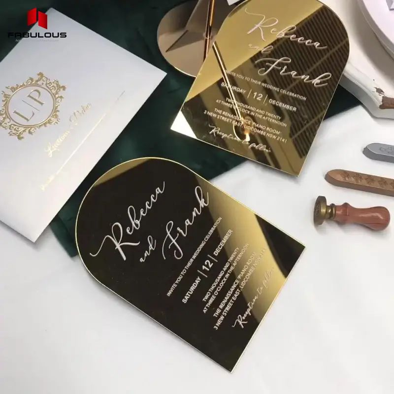 Tarjeta de invitación de acrílico de lujo, tarjeta de invitación de acrílico de oro rosa