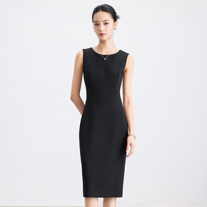 Sleeveless Sheath Dress Navy Blue O-Neck Mid Length Solid Color Career Dress Women's Office Wear - Product Image 3