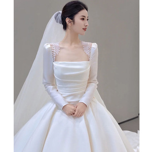 Satin Wedding Dress Square Collar Long Sleeve Ball Gown Princess Waistline Vintage Style <b>Floor</b> Length - Product Image 1