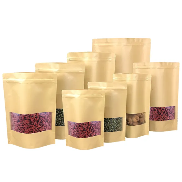 Sachets debout en papier kraft brun refermable de 8oz avec fenêtre et fermeture éclair sac d'emballage alimentaire