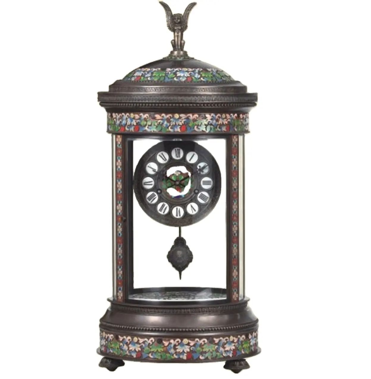 पीतल मंडप प्राचीन 19वीं फ़्रेंच शैली 15 दिन यांत्रिक मूवमेंट फ्लोरल क्लोइज़न इनेमल टेबल/डेस्क घड़ी/घड़ी