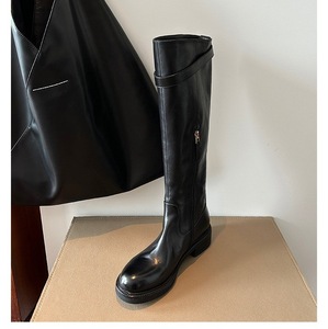 Nouvelles bottes longues en cuir pour femmes, style occidental, à fermeture éclair, bout rond, pour l'automne et l'hiver - Product Image 1