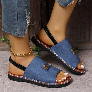 Sandalias Planas de Playa Bordadas con Hebilla Grande y Superficie de Tela, con Banda Elástica de Una Correa, para Mujeres y Señoras, Novedad de Verano - Product Image 1