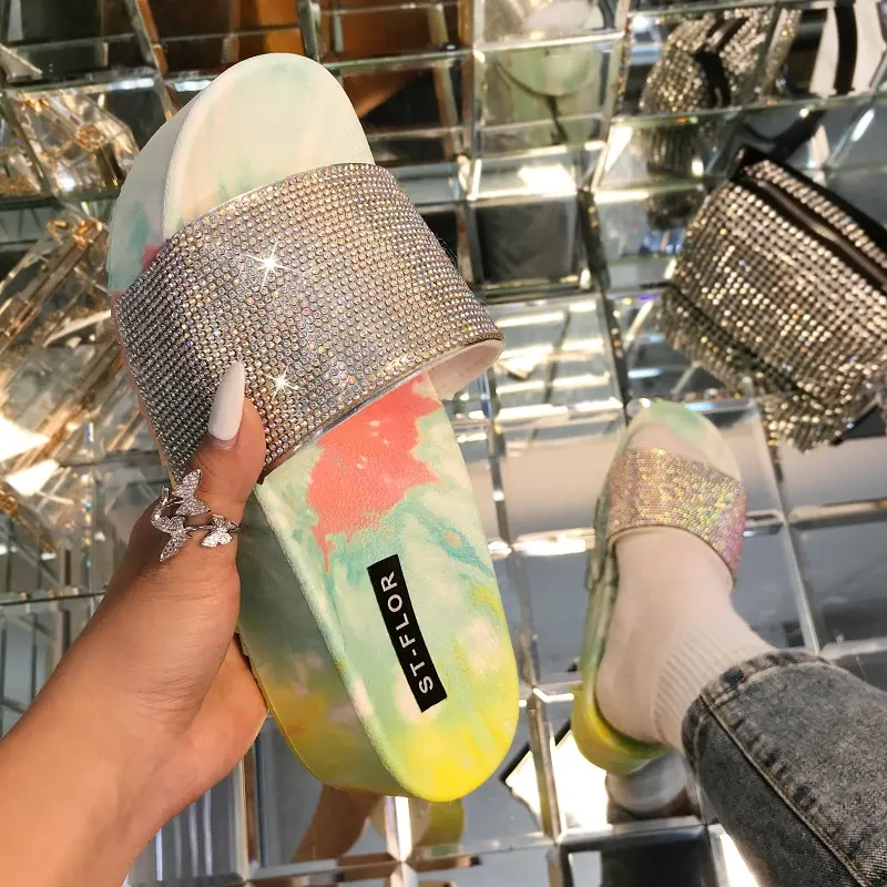 2022 Summer New Style Tie Dye Women's Shoes Open Toe Slippers Rhinestone Sandals Mid Heel Outdoor Casual Shoes Plus Size 41