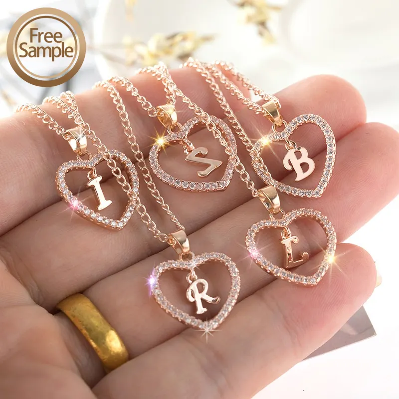 Choker Gold Plated Fashion Jewelry Brass Trendy Zircon Link Chain Copper Heart Letter Pendant Necklace For Women