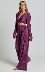 Personalizado cetim plissado torção mangas compridas colheita Tops calças compridas calças fábrica de roupas Co Ord combinando 2 peça conjunto das mulheres - Product Image 4