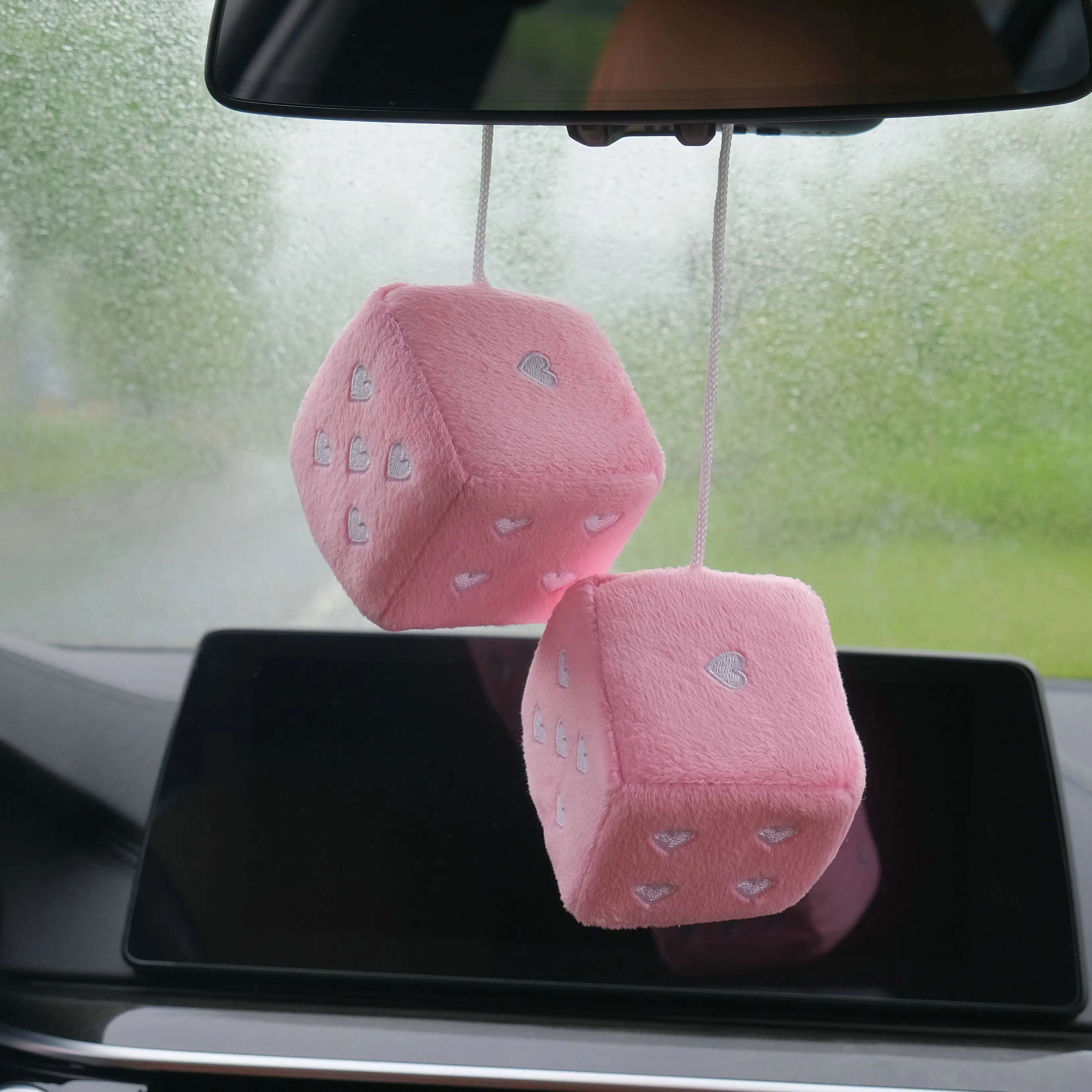 New Heart Embroidery Dice Pair Plush square pendant toy Car Mirror Fuzzy Dice Car Decorative Hanging Mirror Plush Toy