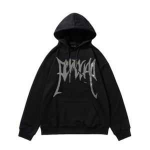 Sudadera con capucha de invierno 100% algodón para hombre, personalizada al por mayor, con letras góticas europeas y americanas, con pedrería, holgada e informal. - Product Image 6