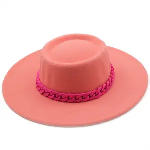 Thời Trang Chuỗi Ribbon Flat Brim Top Hat Len Cảm Thấy Bowler Hat Nữ Mùa Đông Len Fedora Hat