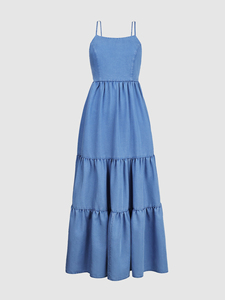 Vestido Maxi Vaquero Formal Lavado de Alta Calidad para Mujer, Verano, Playa, Vacaciones, Diseño Hueco Plisado, Patrón Sólido, Cintura Natural - Product Image 3