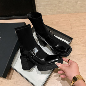 Botines de Cuero Clásicos Preppy con Tacón Cuadrado, Elásticos, de Piel de Vacuno, con Costuras, Suela Gruesa, Cierre de Cremallera Trasera, Versátiles y a la Moda - Product Image 4