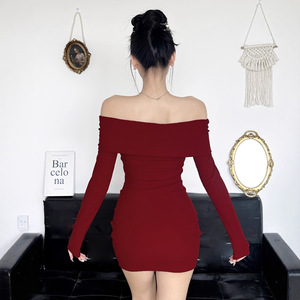 Off Shoulder Red Dress Long Sleeve Sheath Sexy Solid Color Natural Waistline Autumn Winter Christmas Party Wear - Product Image 3