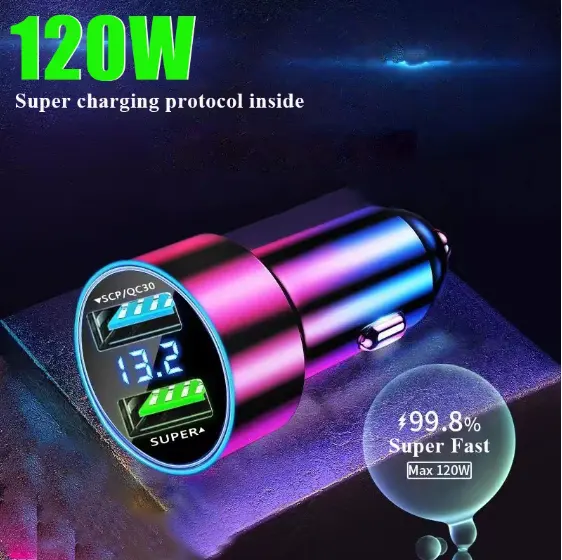 Dual Port USB Car Charger 120W Super Fast Charging Adapter for Samsung OnePlus Xiaomi Huawei iPhone14 Car Charger Fast Charging