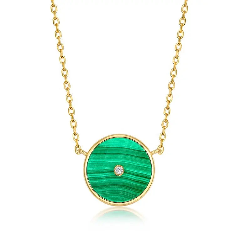 Hot Selling Malachite Gemstone Necklace Design Wholesale Jewelry Trendy Sterling Silver Gold Plated Malachite Cz Necklace