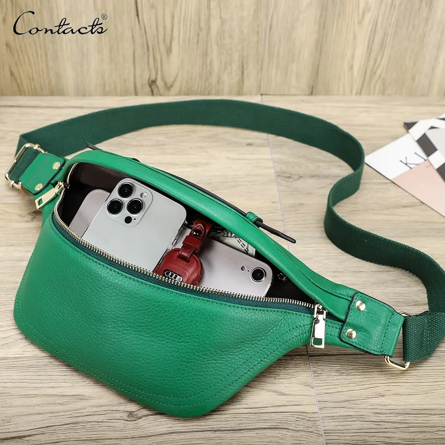 Women Multifunction Hiking Running Waist Pack Green Casual Traveling Carrying Pouch Genuine Leather Hip Bum Bag Fanny Pack