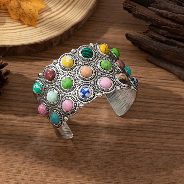 Western Cowgirl Turquoise Multicolor Stone Cuff Bracelet Boho Style Width Bangle for Woman