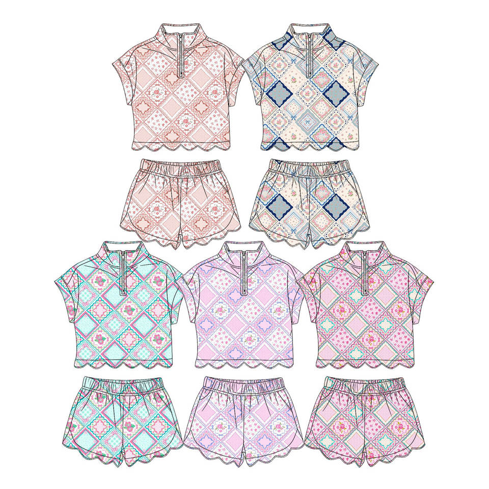 Preorder Baby Girls Summer Flowers Aztec Zip Scallop Tops Sports Shorts ...