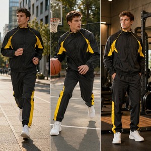 Ensemble de survêtement sportif pour homme 2 pièces en nylon léger coupe-vent avec col montant zippé et passepoil contrastant à blocs de couleur personnalisés - Product Image 5