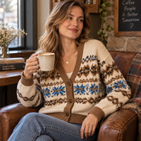 Cardigan personnalisé pour femme, motif Fair Isle, jacquard nordique, col en V, boutonné, manches longues, tricot ample, OEM ODM