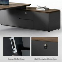 Poste de travail de direction de luxe en L avec double plateau de 60 mm, prise intégrée et armoire latérale, placement gauche ou droit, bureau