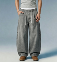 Pantalon cargo coupe ballon en denim de coton sur mesure, taille mi-haute, délavé clair, uni, vintage, rafraîchissant, pour l'automne