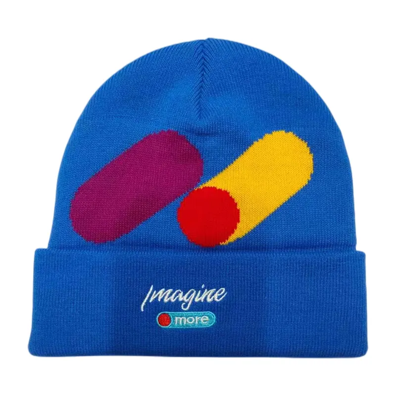 Custom embroidered jacquard print logo pompom cotton acrylic beanie winter hat